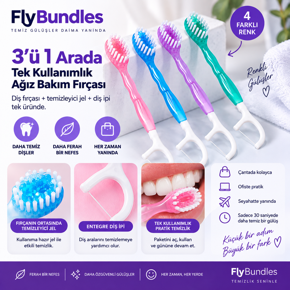 FlyBundles 3'ü 1 Arada Tek Kullanımlık Ağız Bakım Fırçası - 5'lu Paket