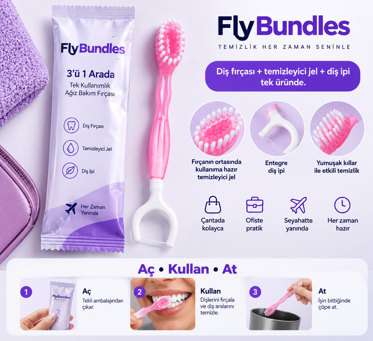 FlyBundles 3'ü 1 Arada Tek Kullanımlık Ağız Bakım Fırçası